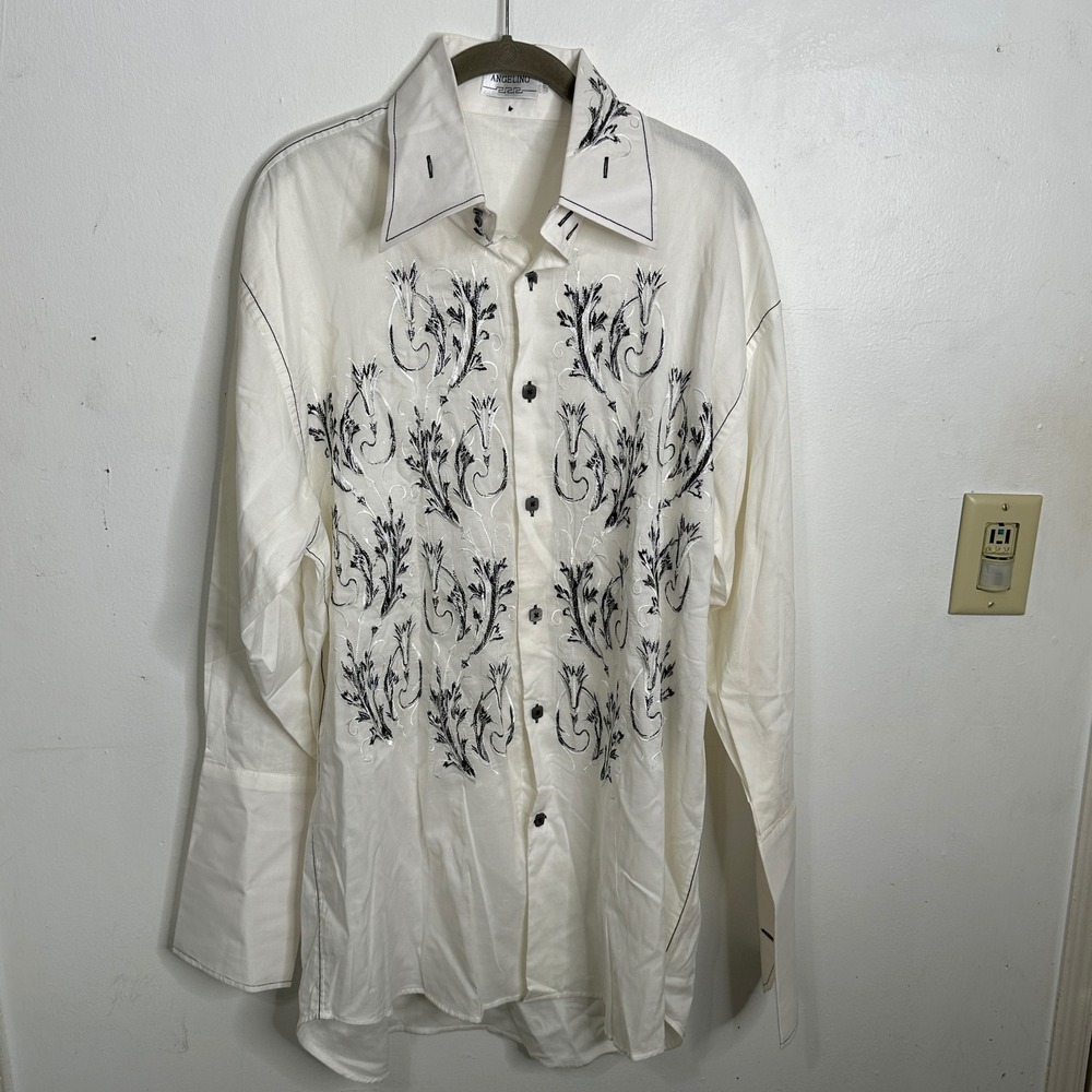 Angelino Mens White Embroidered Button Down Shirt Baroque Long Sleeve 17.5